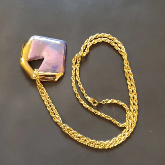 Vintage Gold Purple Blue Hand Painted Artist Signed Geometric Pendant Necklace - Picture 7 of 12